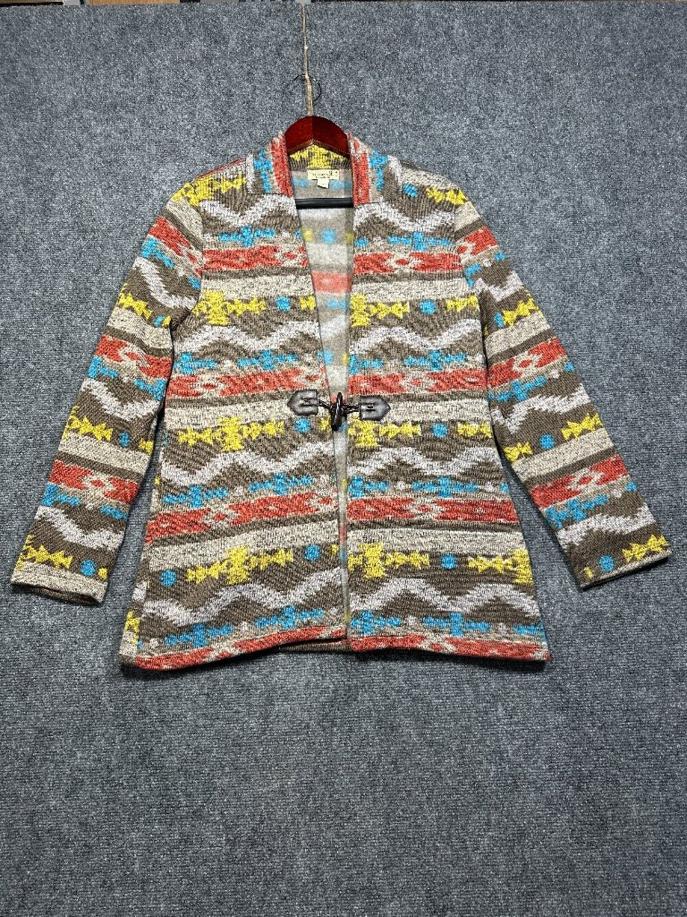 One World Sweater Jacket Womens Medium Toggle Button Aztec Print Cardigan